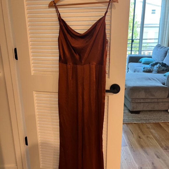 Cocktail Hour Draped Cognac Satin Jumpsuit - Picture 3 of 4